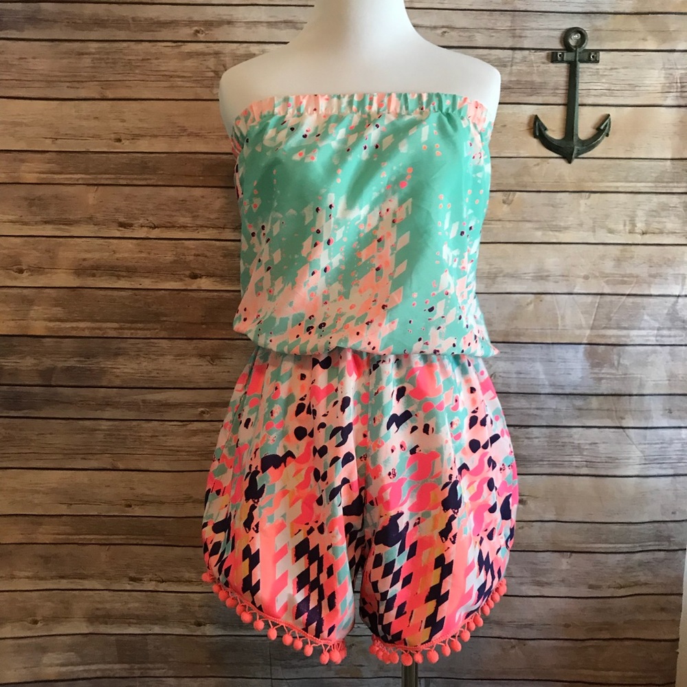 Buddy Love Mint Green Pink Coral Strapless Romper with Pom Trim